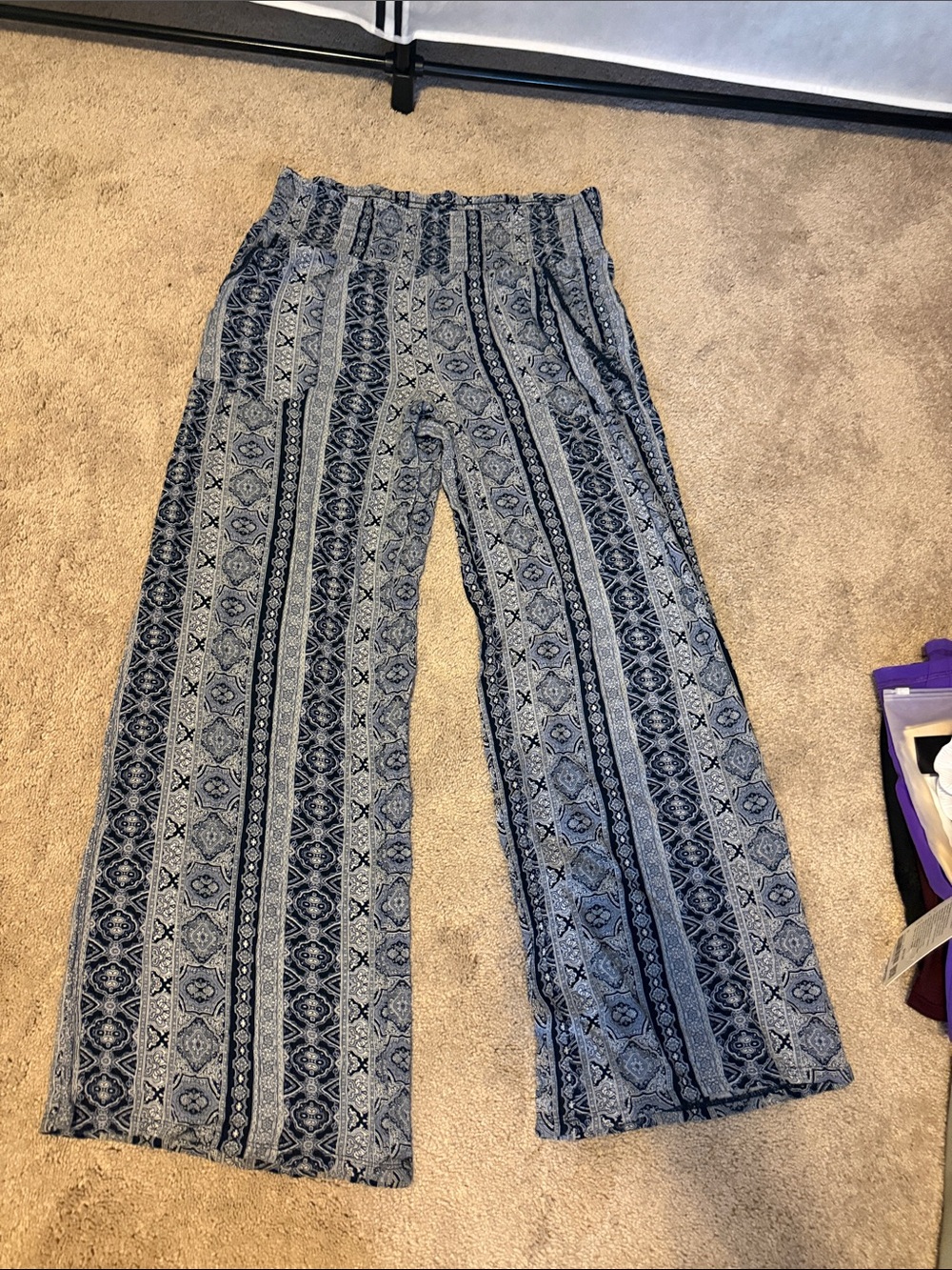 Women's Navy Patterned Wide-Leg Pants